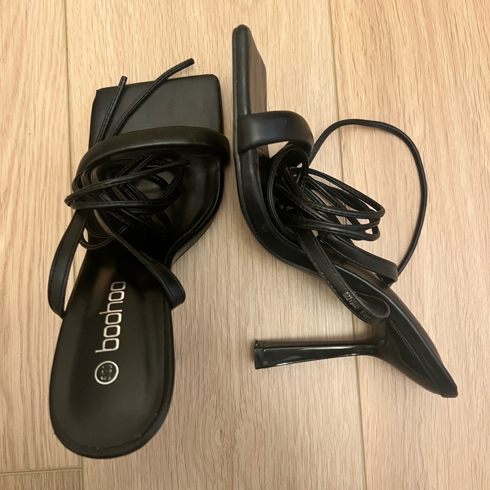 Boohoo Black Lace-Up Square Toe Stiletto Sandals